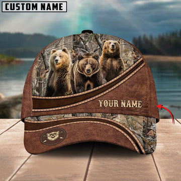 BlueJose Bear Hunting Personalized Name Brown Carving Leather Pattern 3D Classic Cap