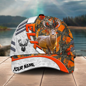 BlueJose Elk Hunting Oraneg Camo White Sport Customized Name 3D Classic Cap