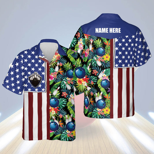 BlueJoses Bowling USA Flag Personalized Name Hawaiian Shirts