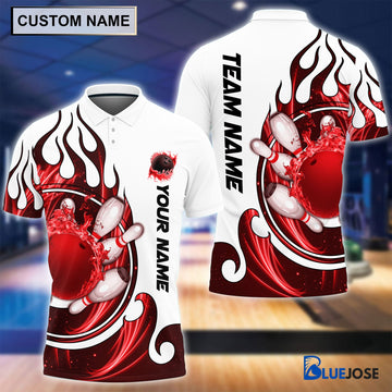 BlueJoses Personalized Name and Team Name Fire Color Bowling Player Multicolor Polo Shirt (4 Colors), Personalized Shirts For Bowling Players