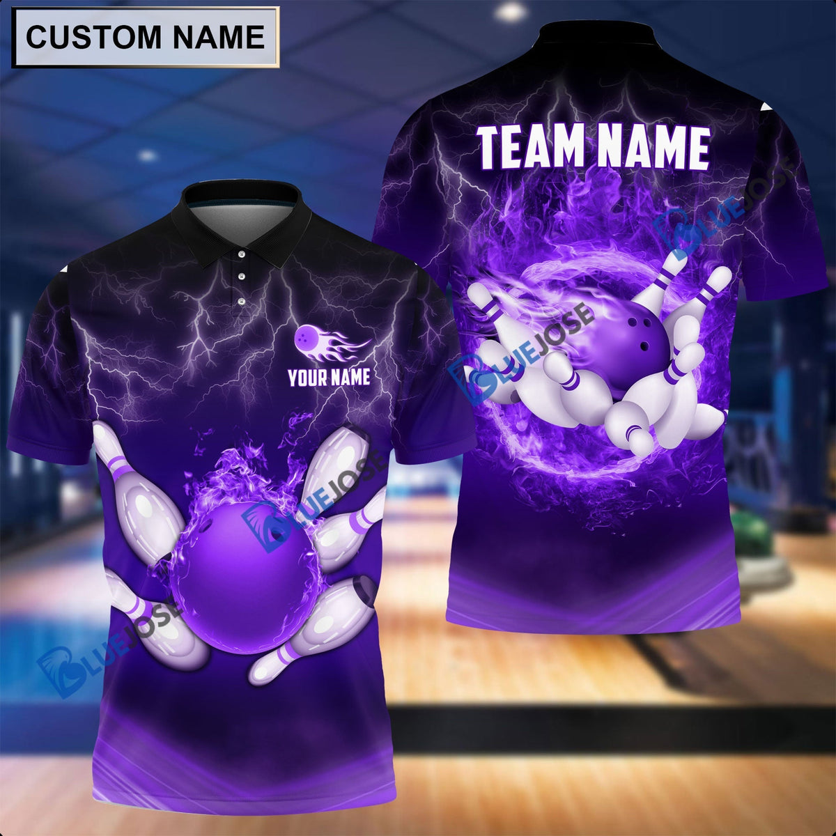 BlueJose Personalized Name and Team Name Thunder Color Bowling and Pins 3D Shirt, Personalized Shirts For Bowling Players