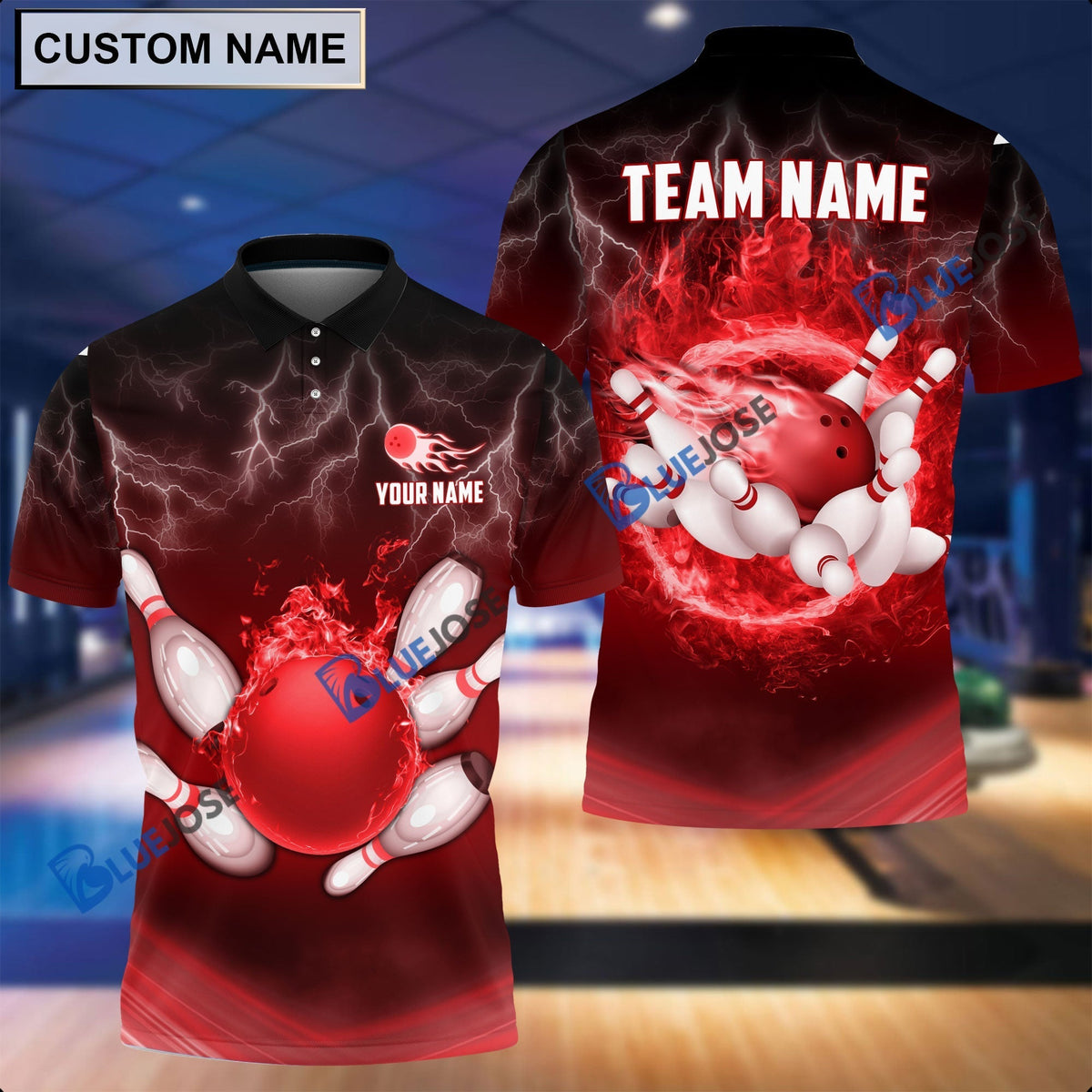 BlueJose Personalized Name and Team Name Thunder Color Bowling and Pins 3D Shirt, Personalized Shirts For Bowling Players