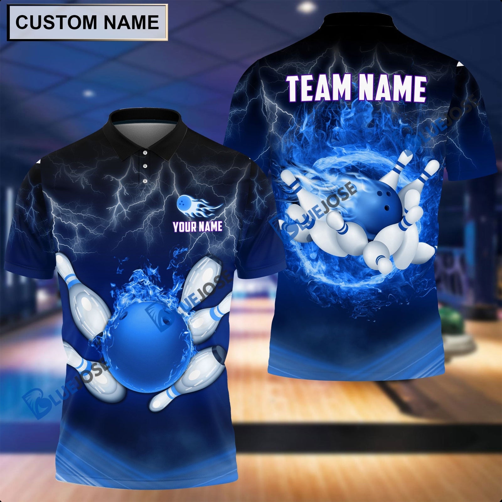 BlueJose Personalized Name and Team Name Thunder Color Bowling and Pins 3D Shirt, Personalized Shirts For Bowling Players