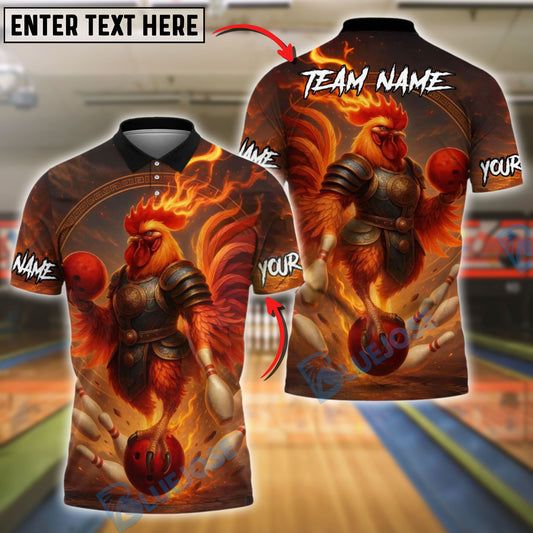 BlueJose Bowling And Pins Flaming Rooster Warrior Customized Name, Team Name 3D Shirt (4 Colors)