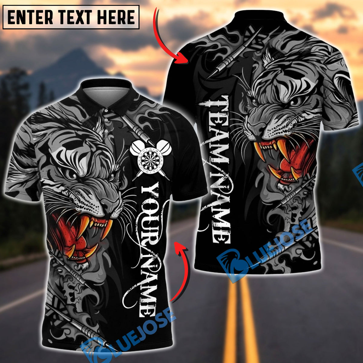 BlueJose Darts Power Tiger Multicolor Options Personalized Name Shirt (5 Colors)