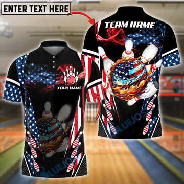 BlueJose Bowling And Pins American Flag Fireball Strike Customized Name, Team Name 3D Shirt