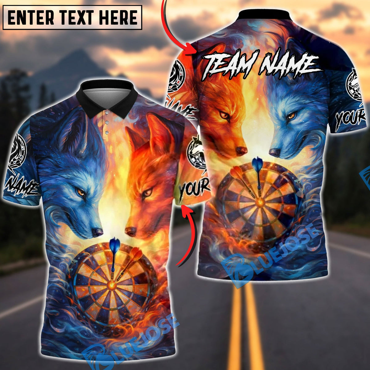 BlueJose Darts Fire &amp; Ice Dual Wolves Dartboard Fantasy Multicolor Options Personalized Name Shirt (4 Colors)