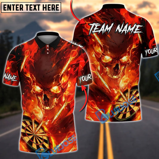 BlueJose Darts Flaming Skull Fire Board Personalized Name, Team Name Unisex Shirt (4 Colors)