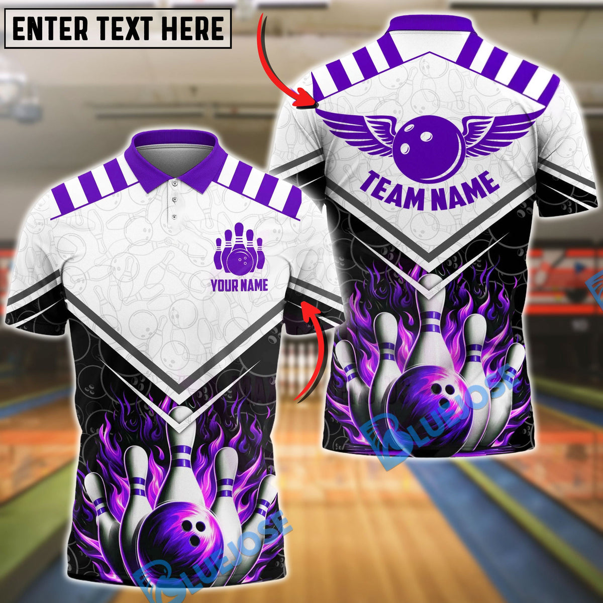 BlueJose Bowling & Pins Fire Wings Strike Design Customized Name, Team Name 3D Shirt (4 Colors)