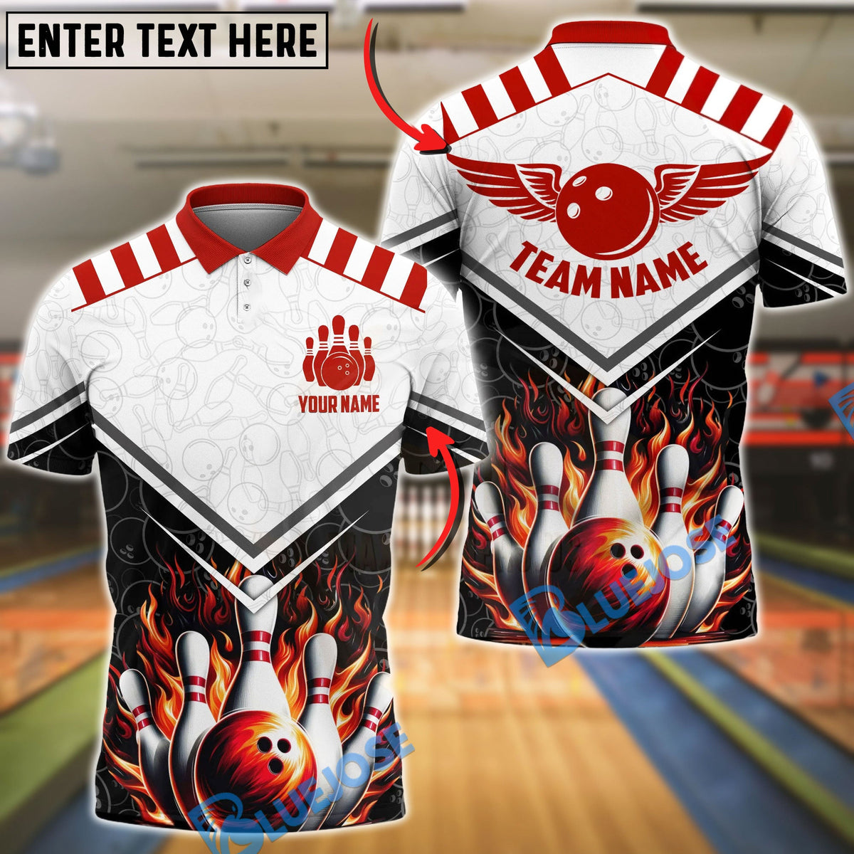 BlueJose Bowling &amp; Pins Fire Wings Strike Design Customized Name, Team Name 3D Shirt (4 Colors)