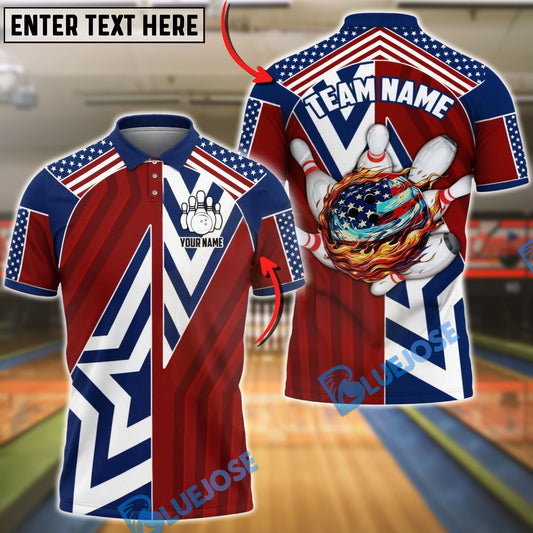 BlueJose Bowling USA Flag Striped And Star Fire Ball Design Personalized Name, Team Name 3D Shirt