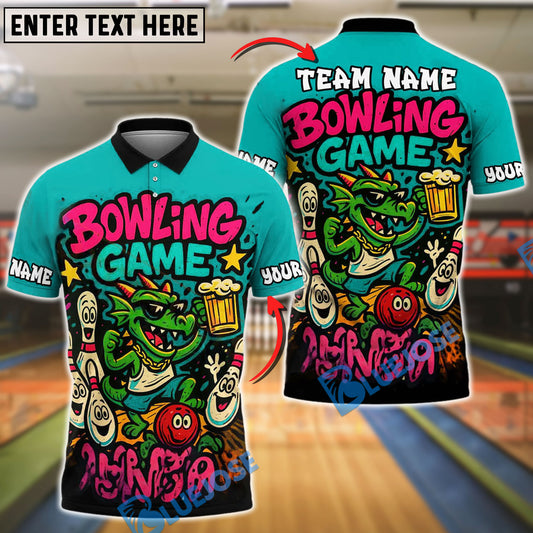 BlueJose Bowling And Pins Cartoon Dragon Customized Name, Team Name 3D Shirt (4 Colors)