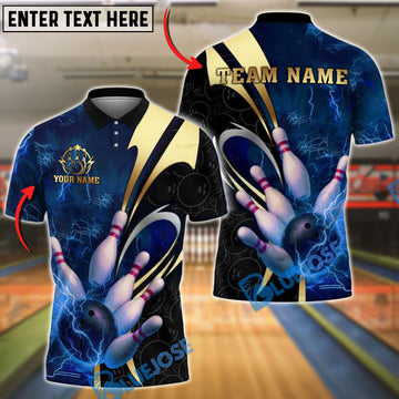 BlueJose Bowling And Pins Lightning Strike Design Customized Name, Team Name 3D Shirt (4 Colors)