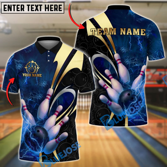 BlueJose Bowling And Pins Lightning Strike Design Customized Name, Team Name 3D Shirt (4 Colors)