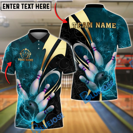 BlueJose Bowling And Pins Lightning Strike Design Customized Name, Team Name 3D Shirt (4 Colors)