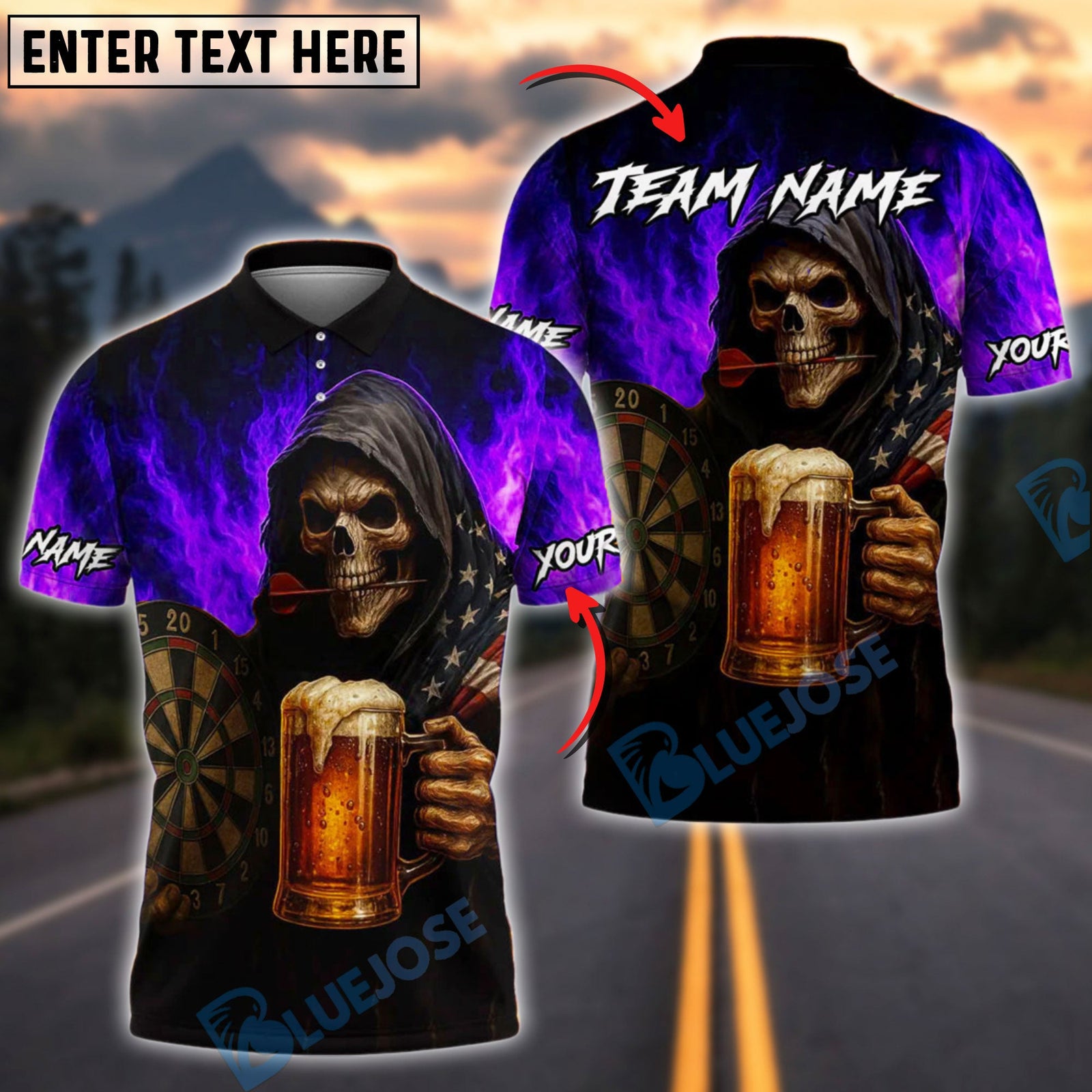 BlueJose Darts & Beer Grim Reaper Customized Name, Team Name 3D Shirt (4 Colors)