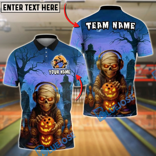BlueJose Bowling And Pins Skull Halloween Pattern Customized Name, Team Name 3D Shirt (4 Colors)