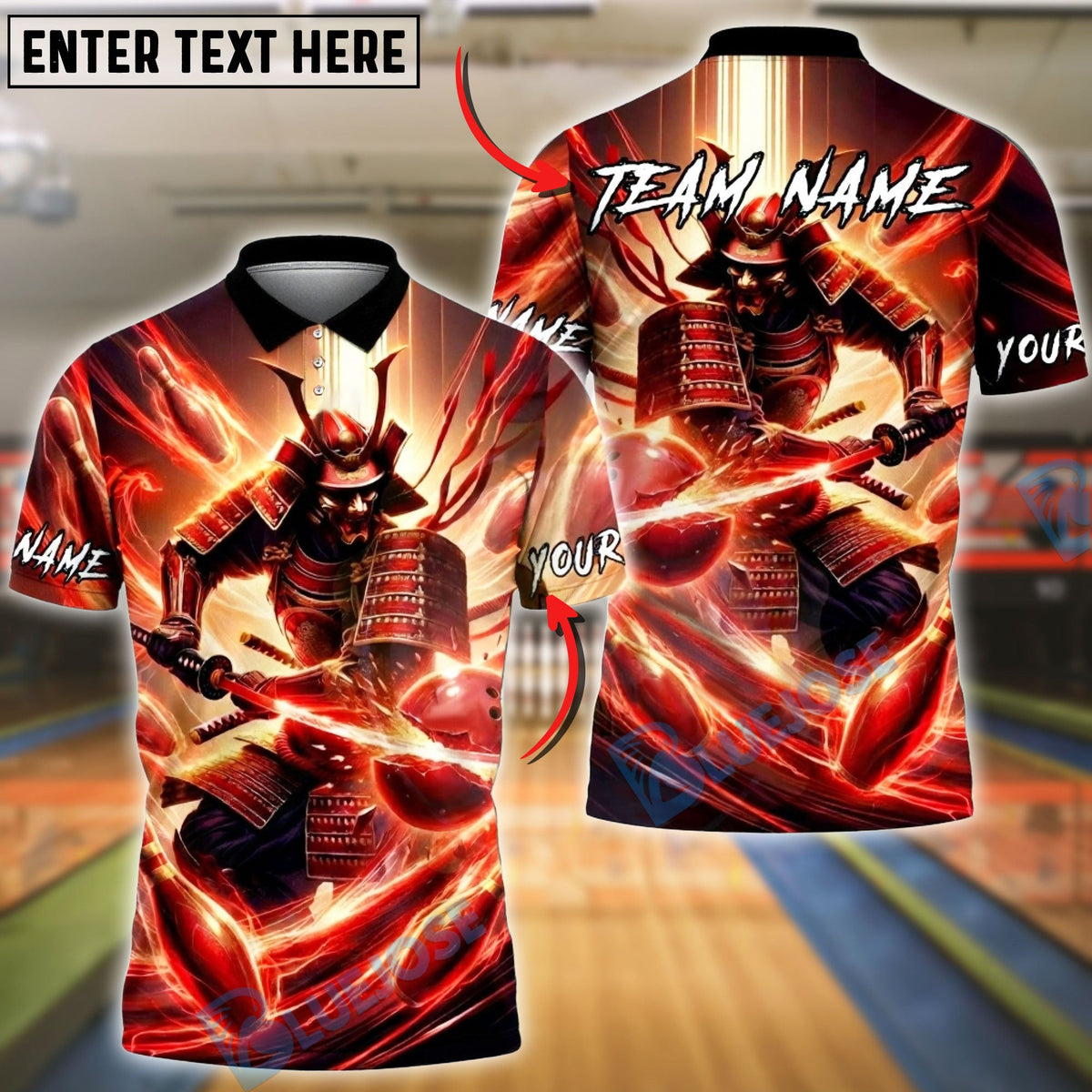 BlueJose Bowling &amp; Pins Samurai Warrior Energy Slash Customized Name, Team Name 3D Shirt (4 Colors)