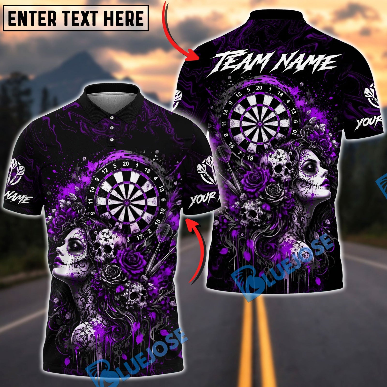 BlueJose Darts Gothic Beauty Skull Art Personalized Name, Team Name Unisex Shirt (4 Colors)