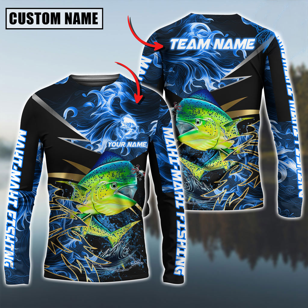 Bluejose Mahimahi Fishing Blue Flame Premium Golden &amp; Silver Line Pattern Custom Name &amp; Team Name 3D Shirts