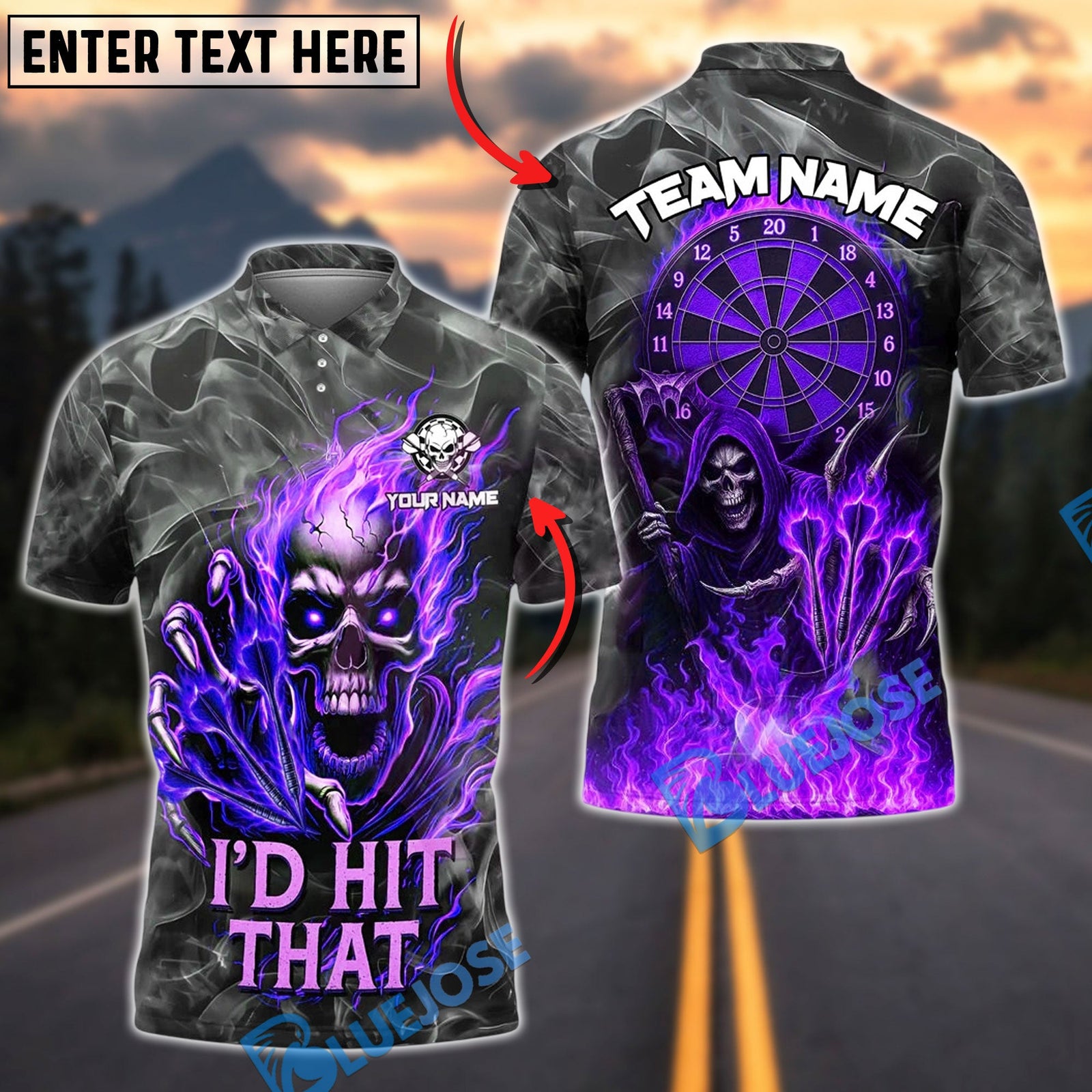 BlueJose Darts Flame Skull "I'd Hit That" Personalized Name, Team Name Unisex Shirt (4 Colors)