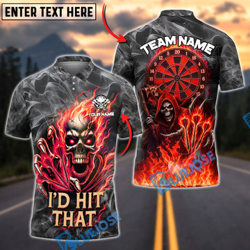 BlueJose Darts Flame Skull "I'd Hit That" Personalized Name, Team Name Unisex Shirt (4 Colors)