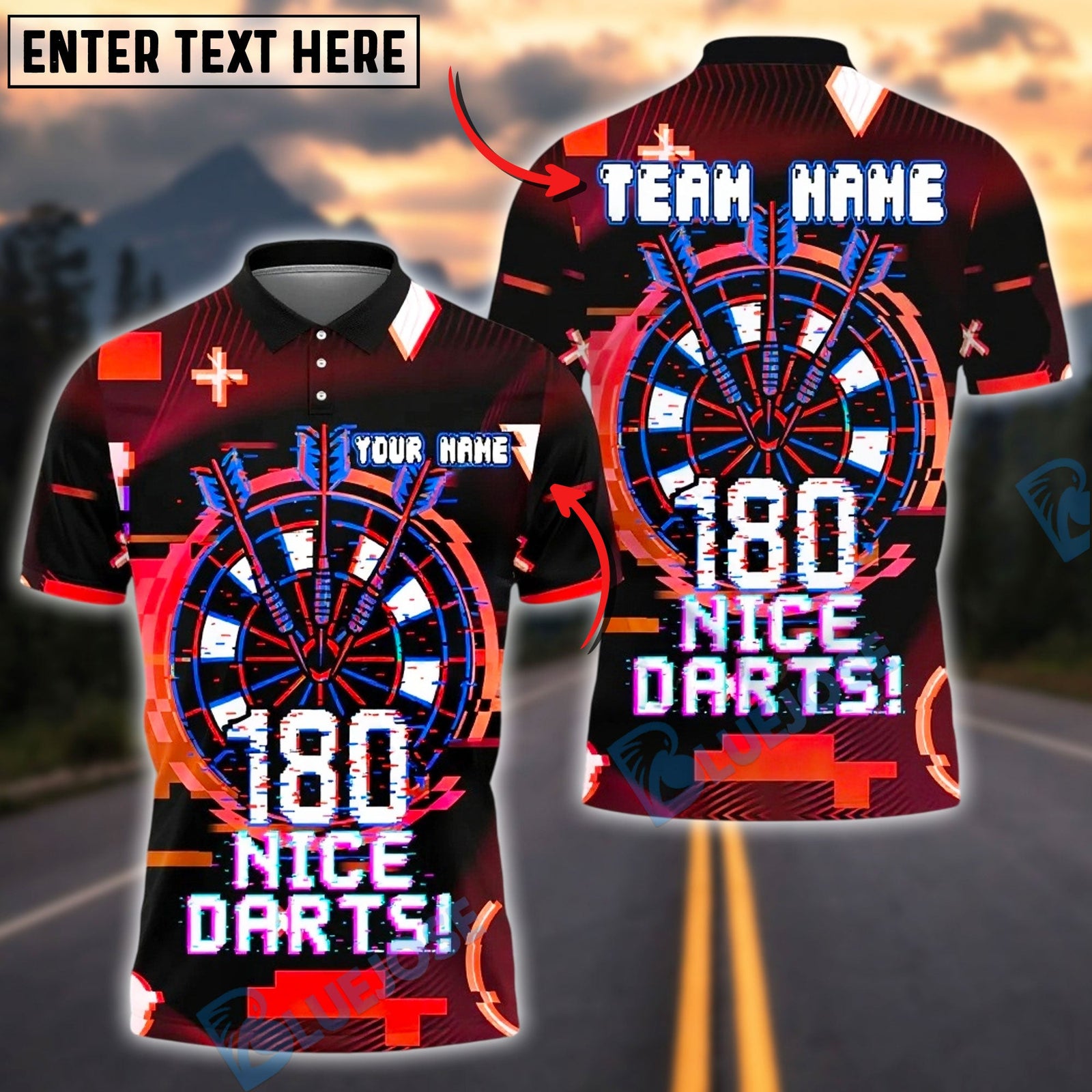BlueJose Darts Glitch Digital Dartboard Personalized Name, Team Name Unisex Shirt (4 Colors)