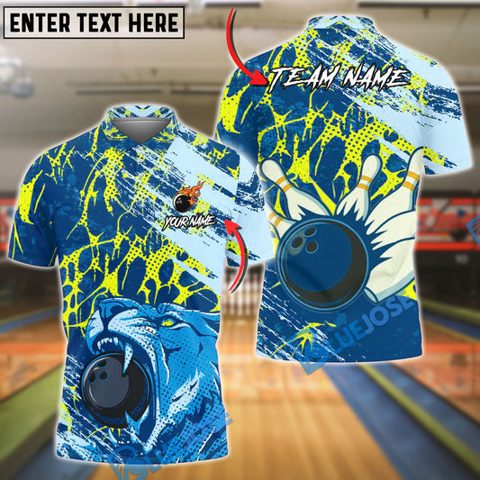 BlueJose Bowling And Pins Grunge Splash Tiger Vector Art Customized Name, Team Name 3D Shirt (4 Colors)