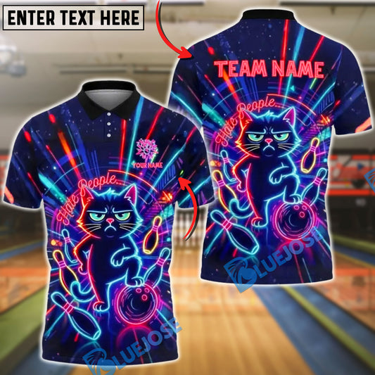 BlueJose Bowling & Pin Neon Grumpy Cat Hate People Art Customized Name, Team Name 3D Shirt (4 Colors)