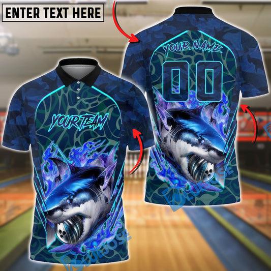 BlueJose Bowling And Pins Shark Bite Flame Graphic Customized Name, Team Name 3D Shirt (4 Colors)