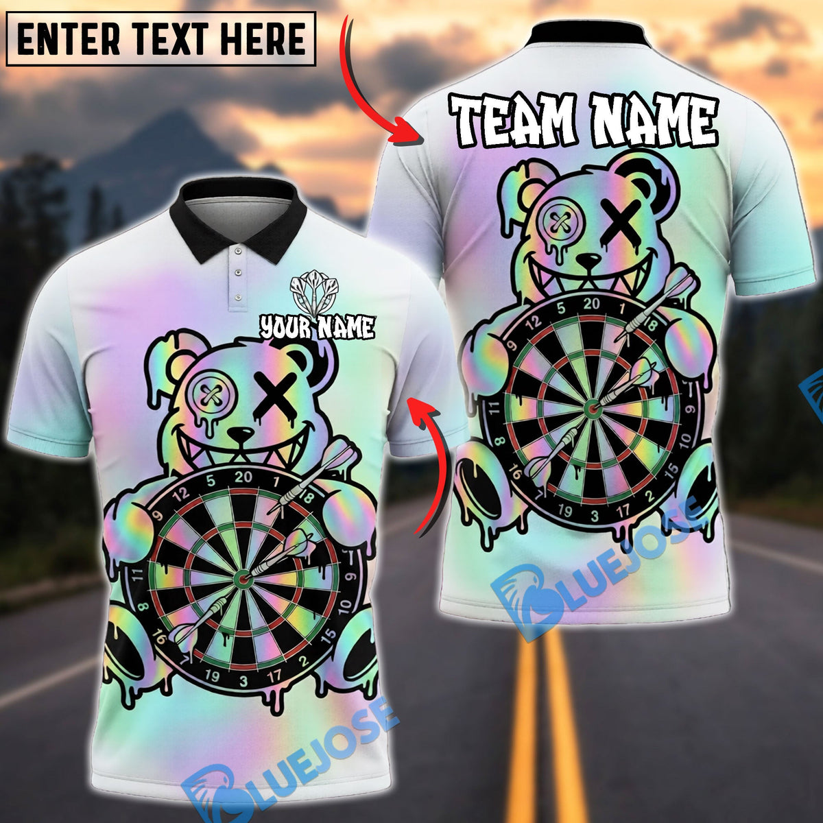 BlueJose Darts Teddy Bear Pastel Drip Art Personalized Name Shirt