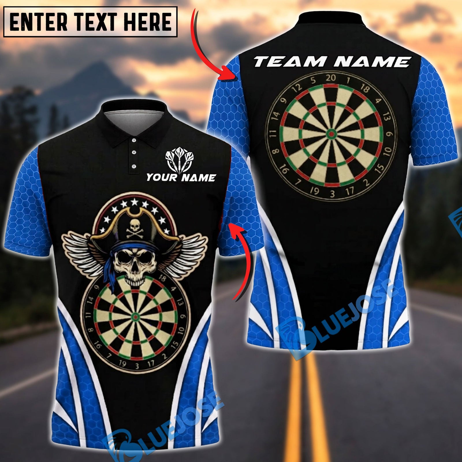 BlueJose Darts Pirate Skull Wings Personalized Name, Team Name Unisex Shirt (4 Colors)