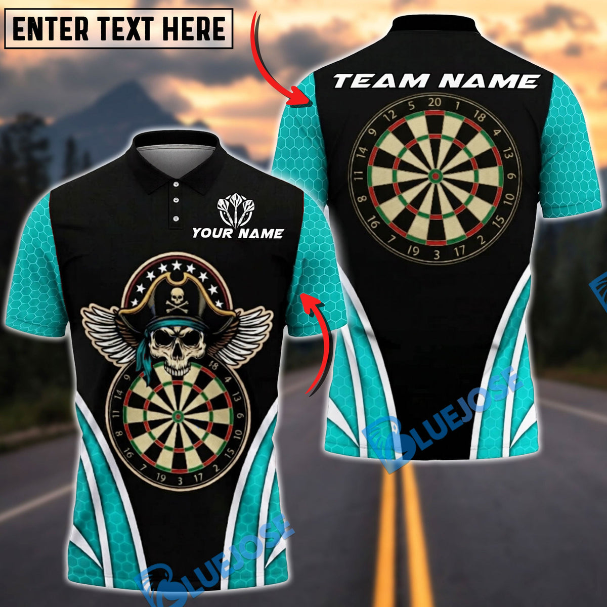 BlueJose Darts Pirate Skull Wings Personalized Name, Team Name Unisex Shirt (4 Colors)