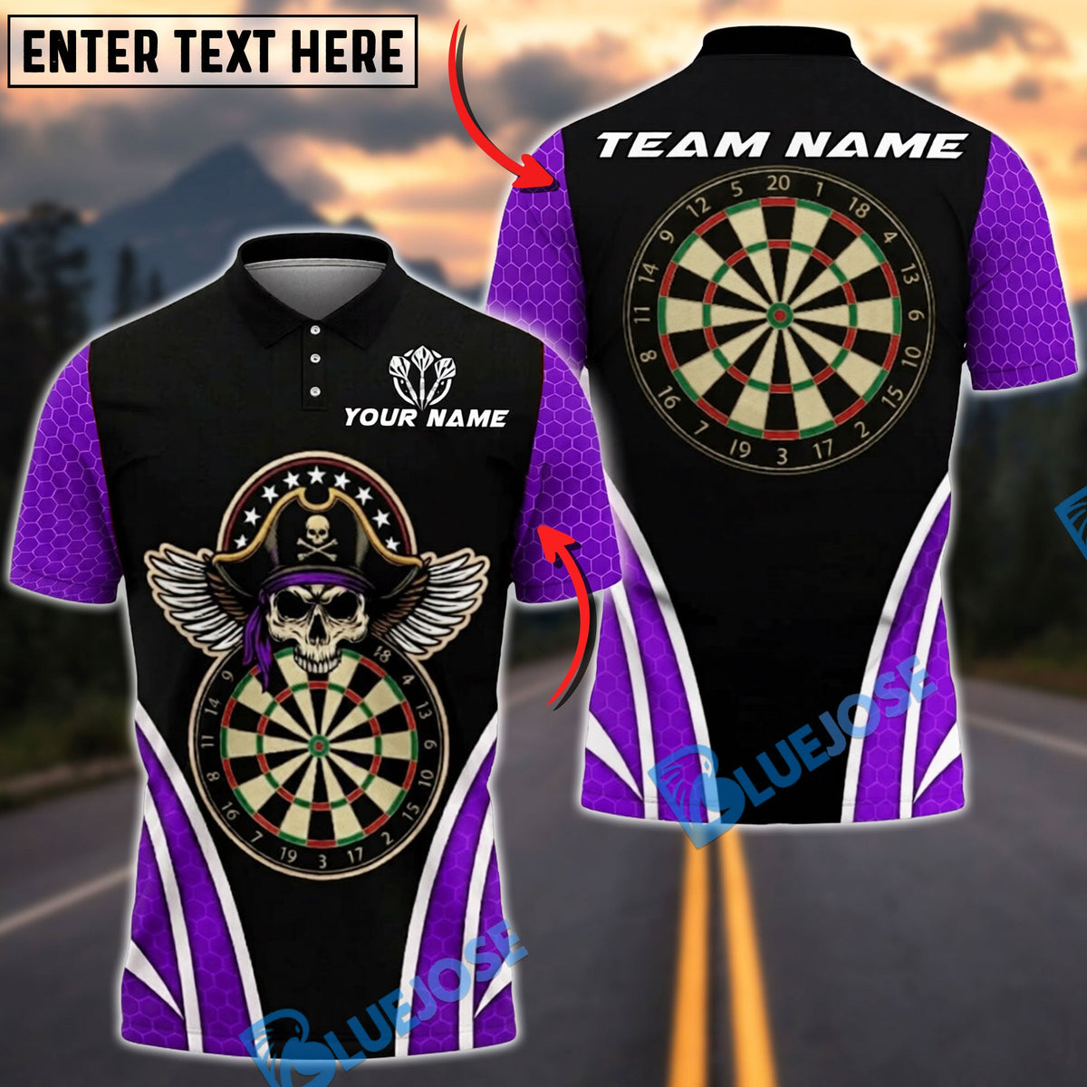 BlueJose Darts Pirate Skull Wings Personalized Name, Team Name Unisex Shirt (4 Colors)