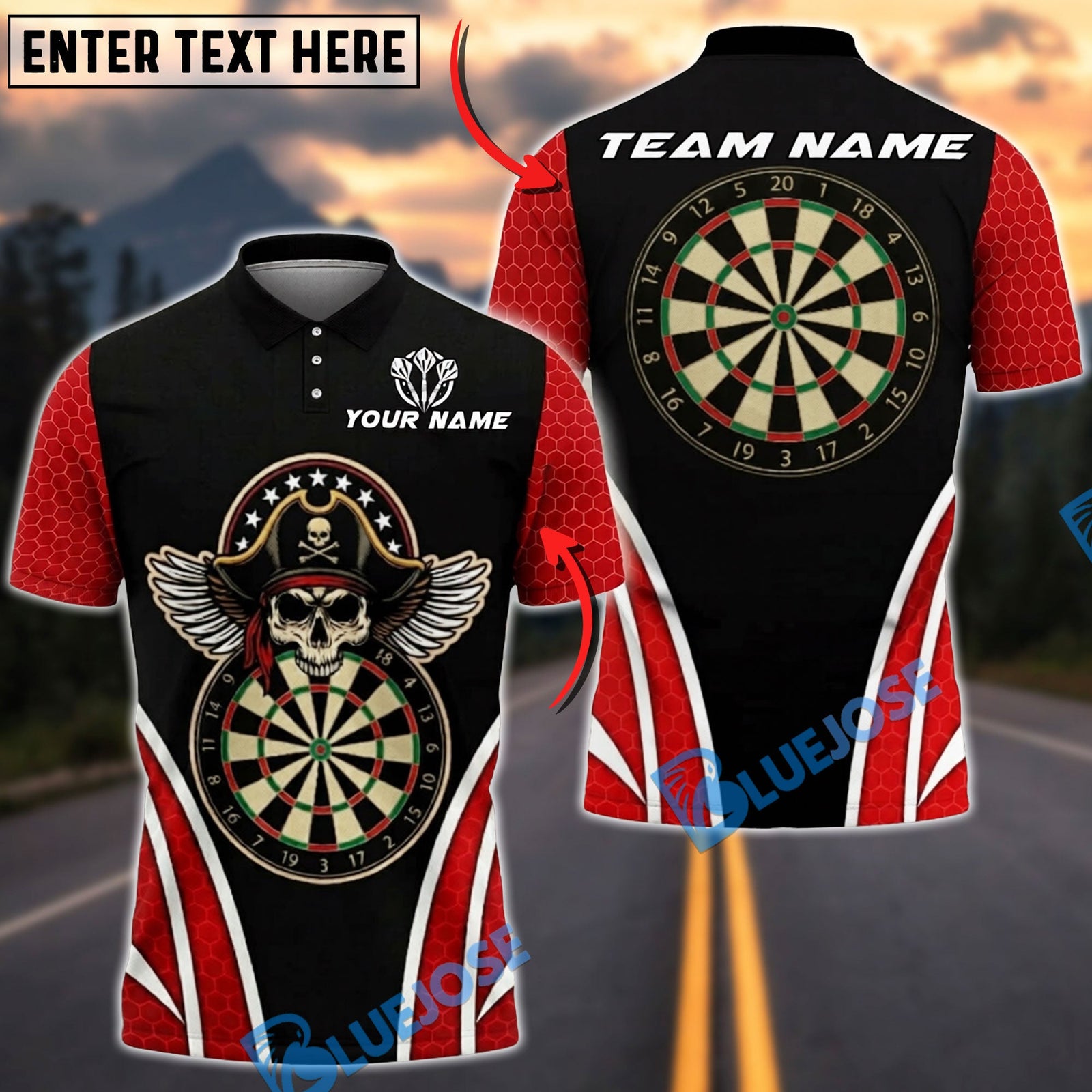 BlueJose Darts Pirate Skull Wings Personalized Name, Team Name Unisex Shirt (4 Colors)