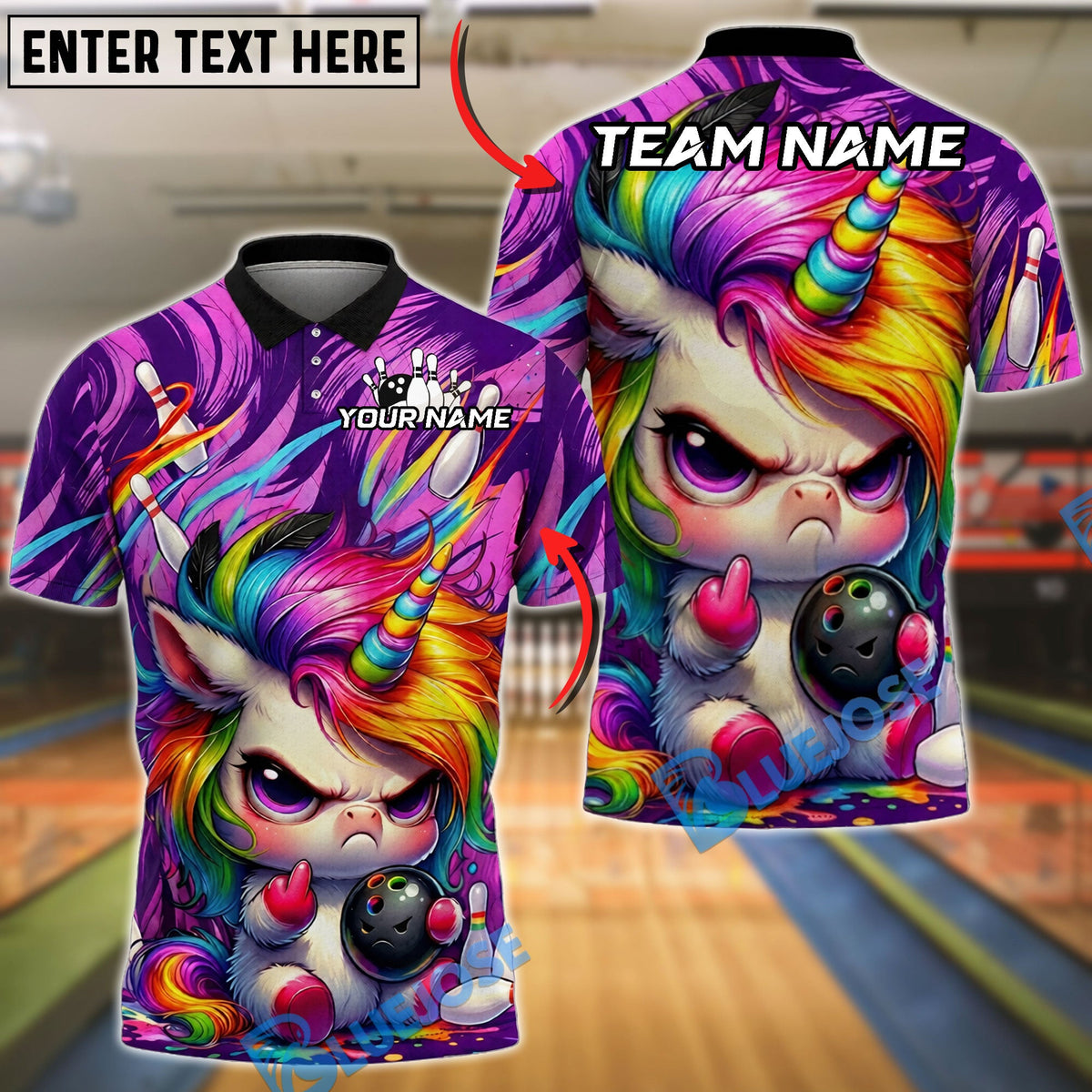 BlueJose Bowling And Pins Angry Rainbow Unicorn Customized Name, Team Name 3D Shirt
