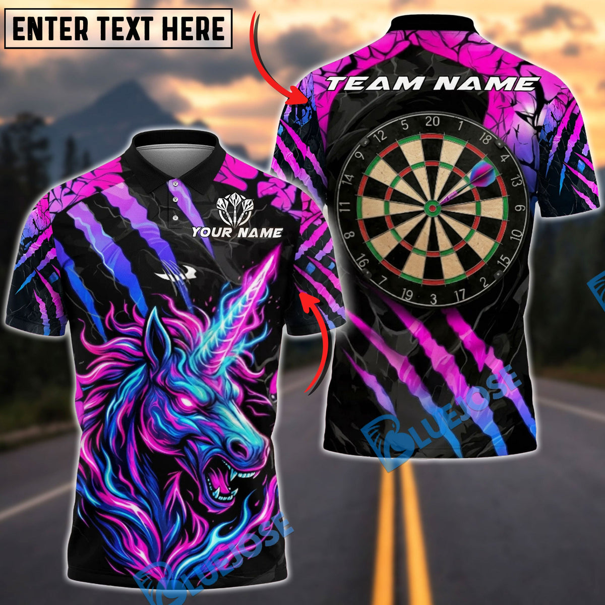 BlueJose Darts Unicorn Neon Beast Personalized Name Shirt