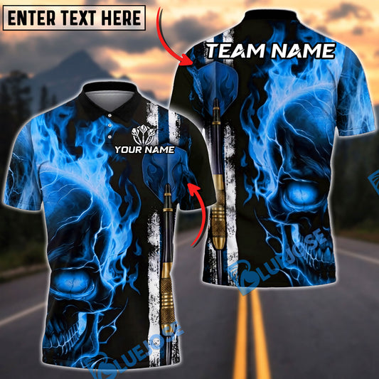 BlueJose Darts Flaming Skull Warrior Arrow Down Personalized Name, Team Name Unisex Shirt (4 Colors)