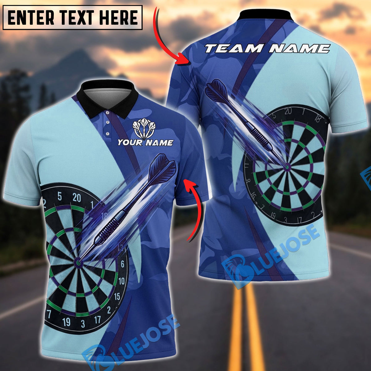 BlueJose Darts Camo Precision Throw Personalized Name, Team Name Unisex Shirt (4 Colors)