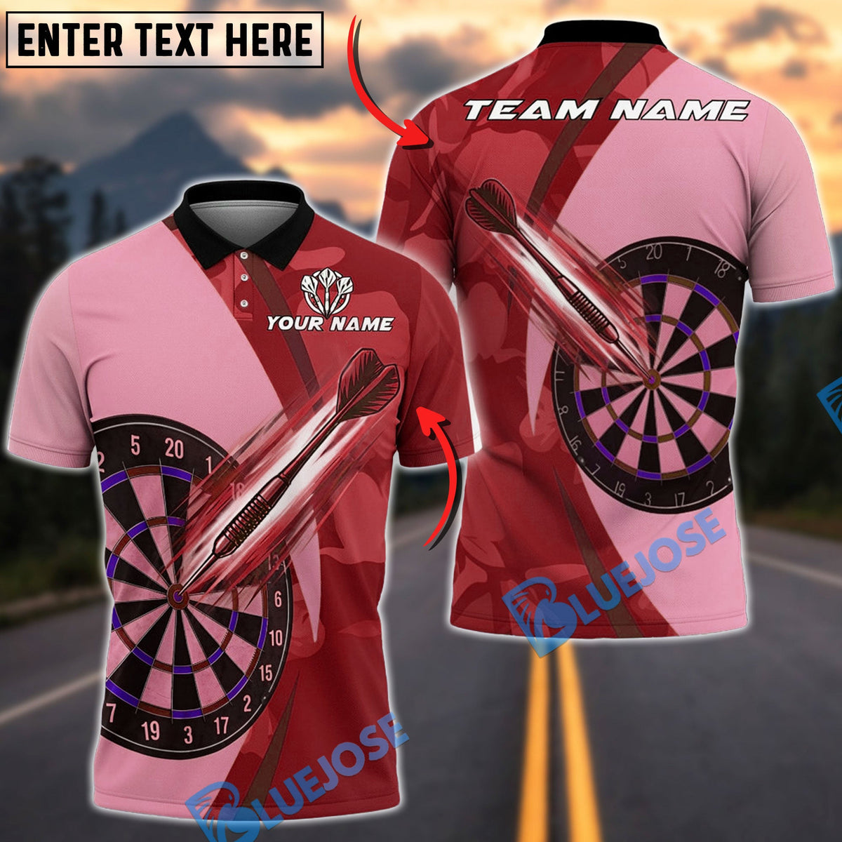 BlueJose Darts Camo Precision Throw Personalized Name, Team Name Unisex Shirt (4 Colors)