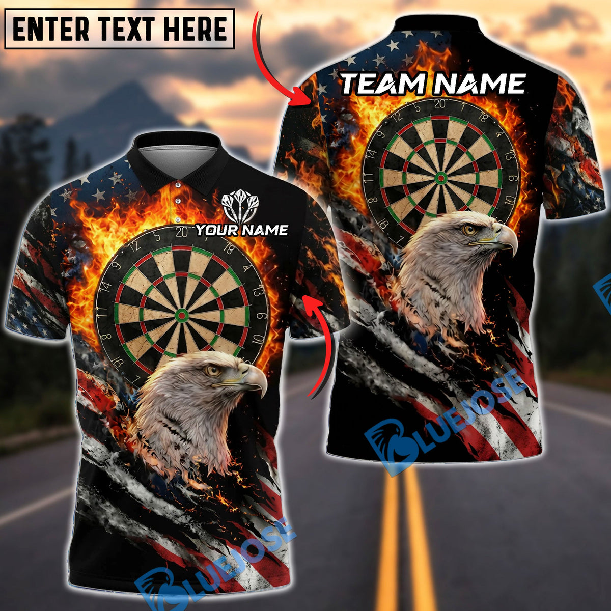 BlueJose Darts American Eagle Flame Dartboard Personalized Name Shirt