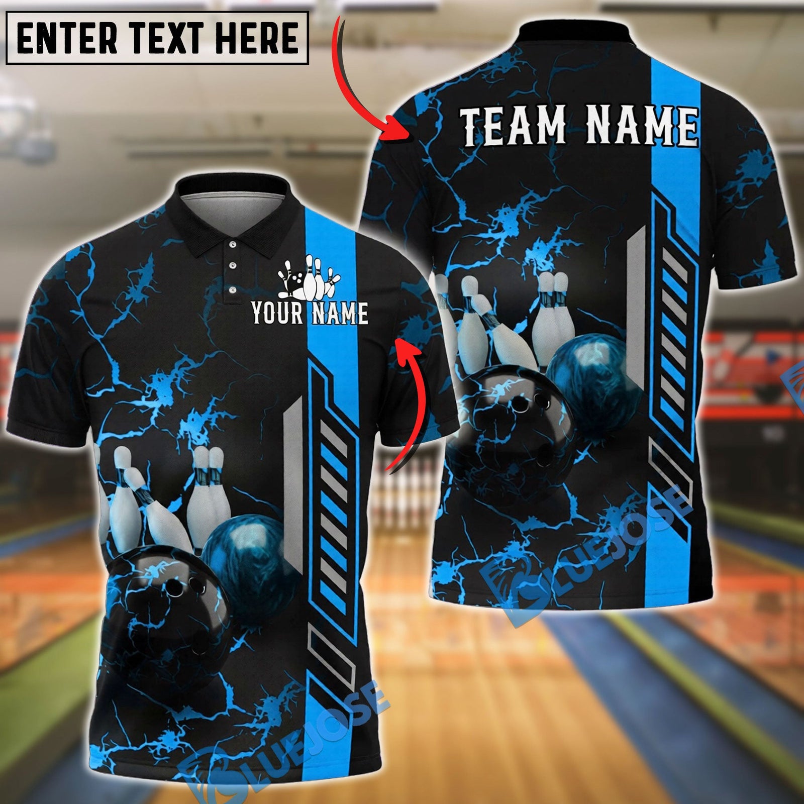 BlueJose Bowling And Pins Inferno Lightning Bolt Customized Name, Team Name 3D Shirt (4 Colors)