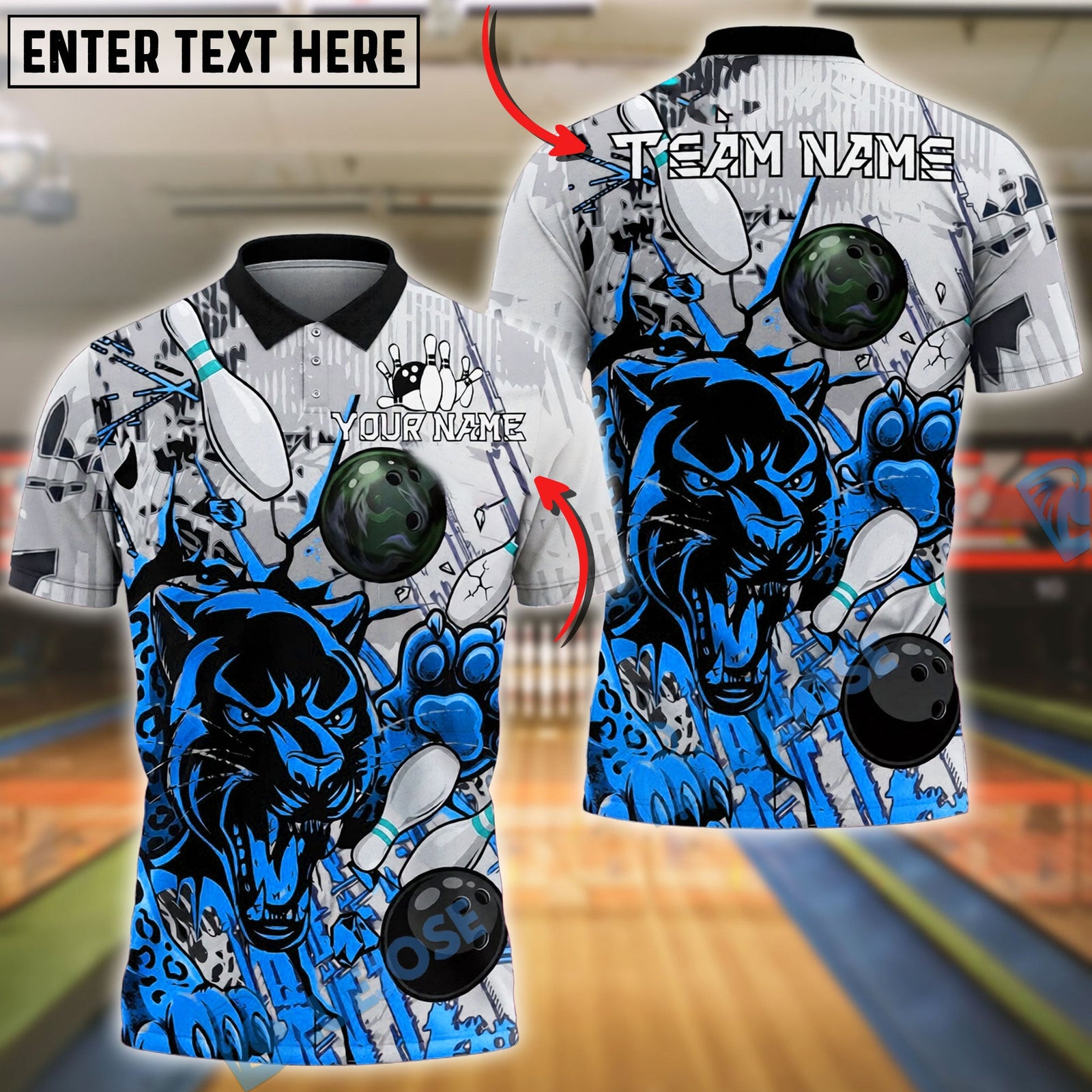 BlueJose Bowling And Pins Panther Break Wall Paint Customized Name, Team Name 3D Shirt (6 Colors)