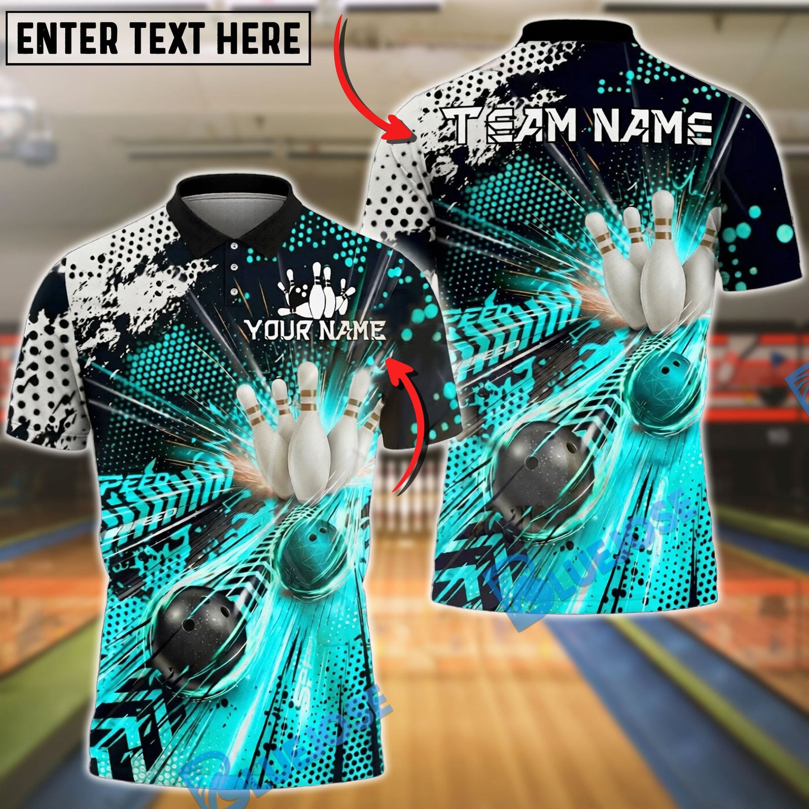 BlueJose Bowling And Pins Strike Speed Graphic Customized Name, Team Name 3D Shirt (4 Colors)