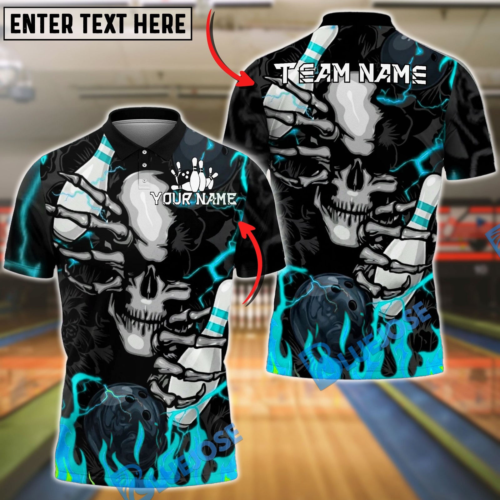 BlueJose Bowling And Pins Flaming Skull Crack Graphic Customized Name, Team Name 3D Shirt (4 Colors)