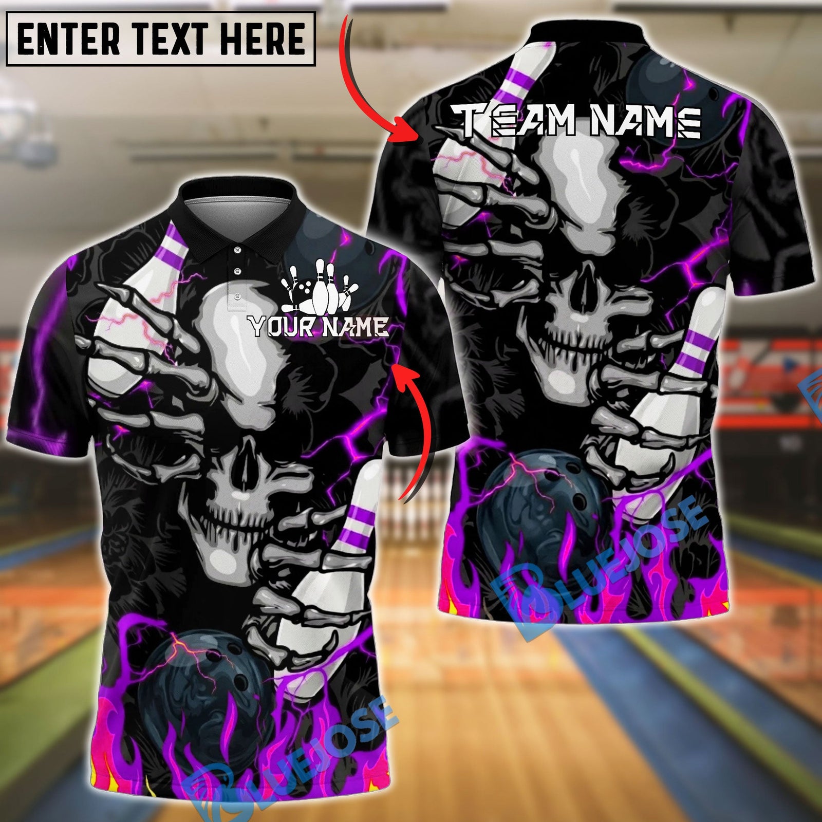 BlueJose Bowling And Pins Flaming Skull Crack Graphic Customized Name, Team Name 3D Shirt (4 Colors)