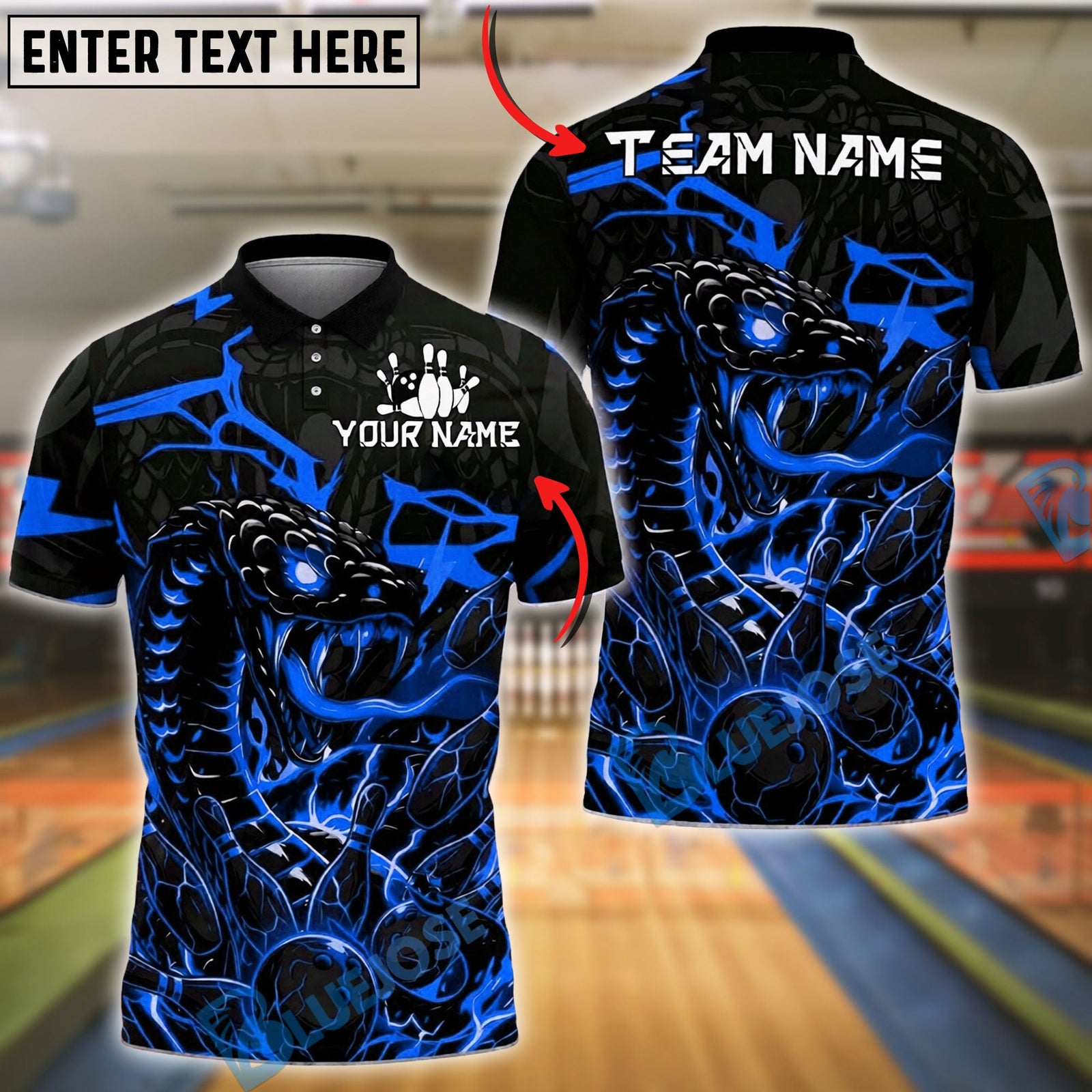 BlueJose Bowling And Pins Cobra Lightning Graphic Customized Name, Team Name 3D Shirt (4 Colors)