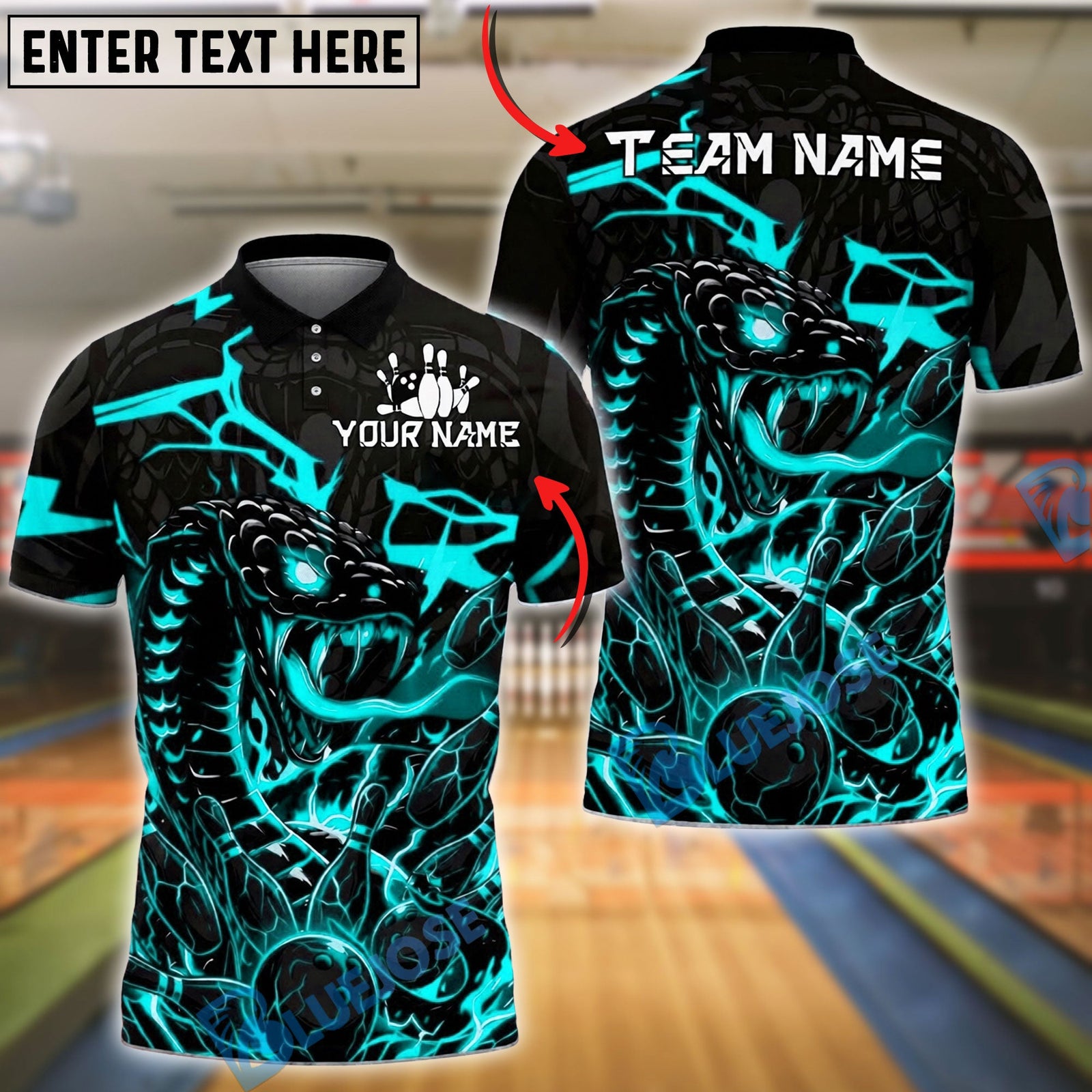 BlueJose Bowling And Pins Cobra Lightning Graphic Customized Name, Team Name 3D Shirt (4 Colors)