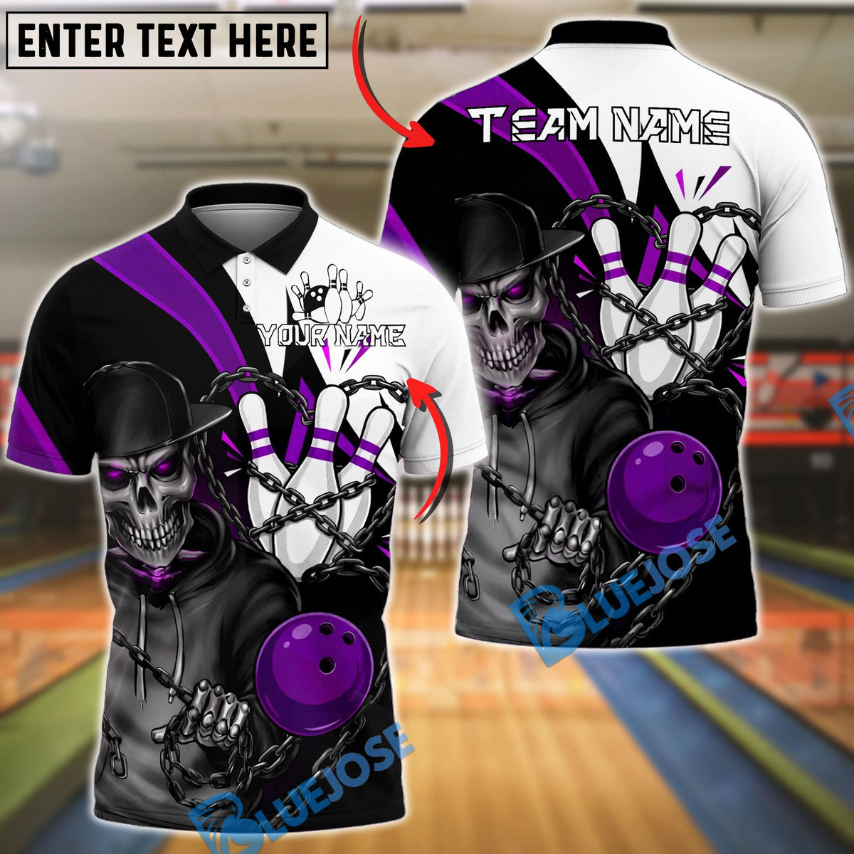 BlueJose Bowling And Pins Skull Heart Chain Graphic Customized Name, Team Name 3D Shirt (4 Colors)