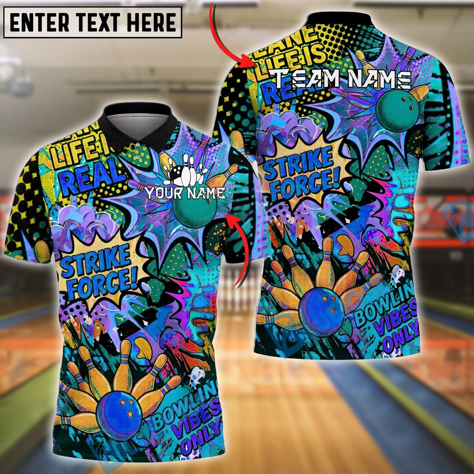 BlueJose Bowling And Pins Strike Force Comic Graffiti Customized Name, Team Name 3D Shirt (4 Colors)